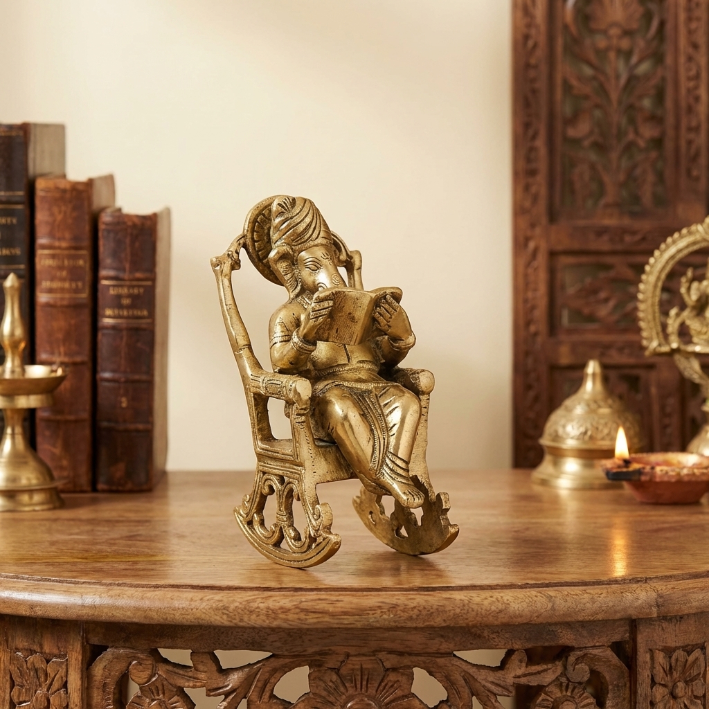 Divine Brass Ganesh Reading in Chair Figurine