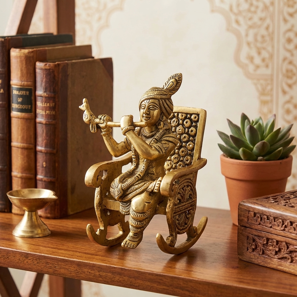 divine brass krishna on chair figurine