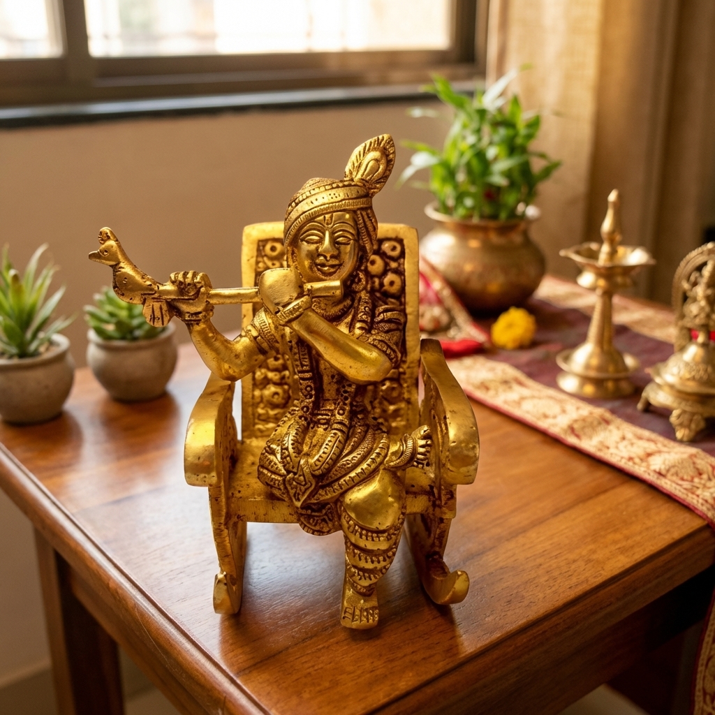 divine brass krishna on chair figurine