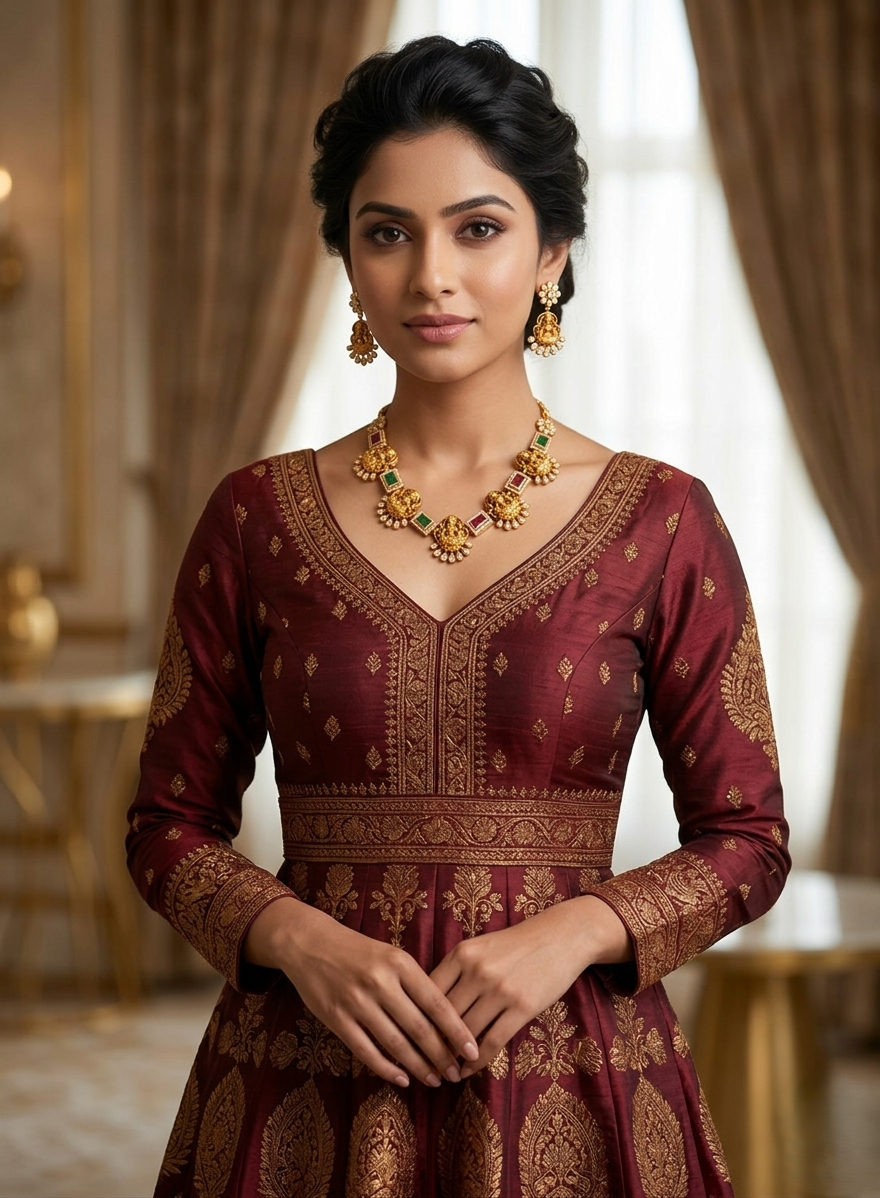 divine goddess lakshmi temple necklace set with kemp stones and floral accents