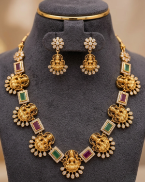 divine goddess lakshmi temple necklace set with kemp stones and floral accents