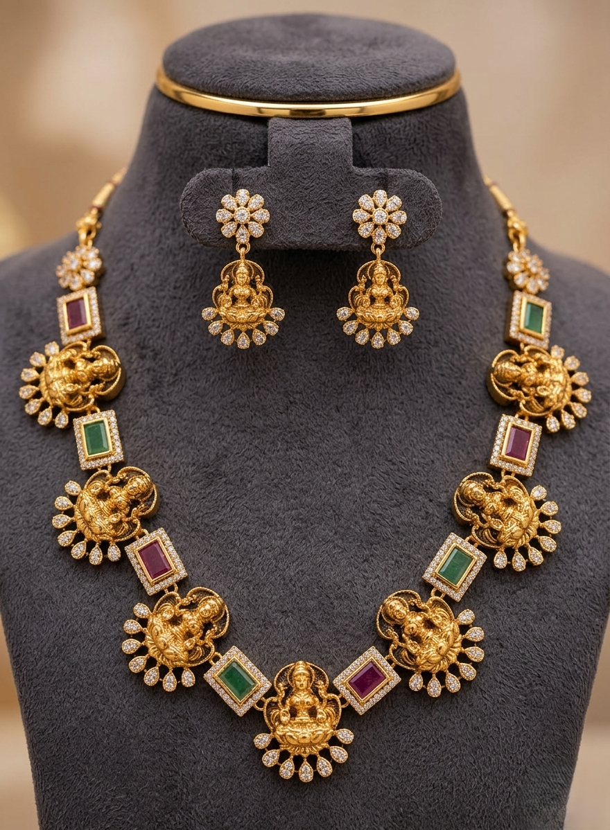 divine goddess lakshmi temple necklace set with kemp stones and floral accents