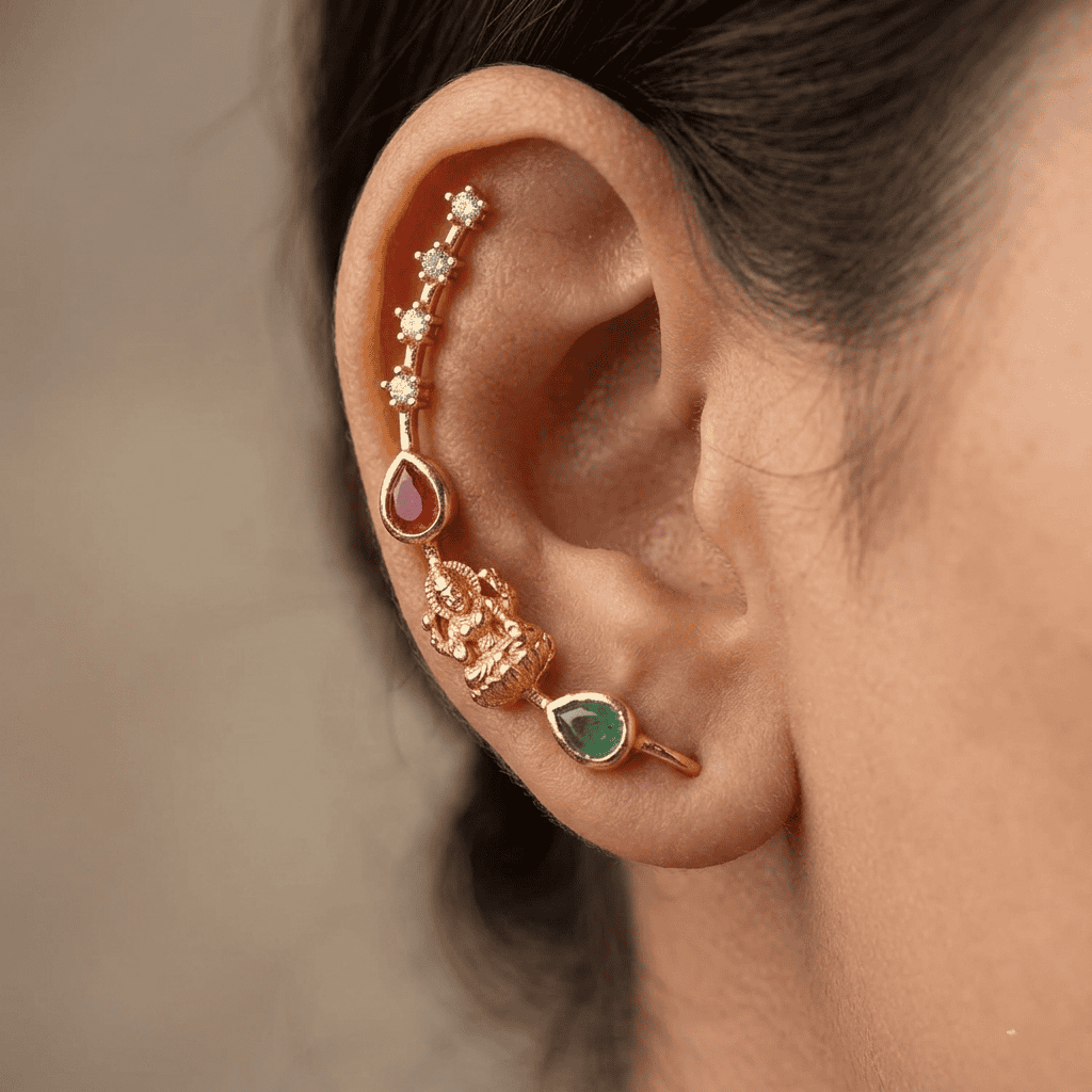 divine lakshmi temple style ear cuff set with ruby and emerald teardrop accents