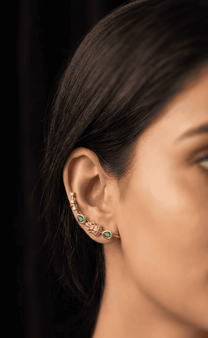 divine lakshmi temple style ear cuff set with ruby and emerald teardrop accents