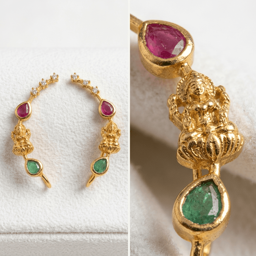 divine lakshmi temple style ear cuff set with ruby and emerald teardrop accents