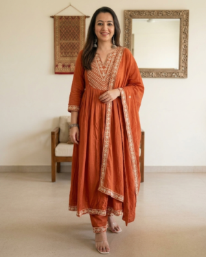 earthy rust orange embroidered 3 piece suit set
