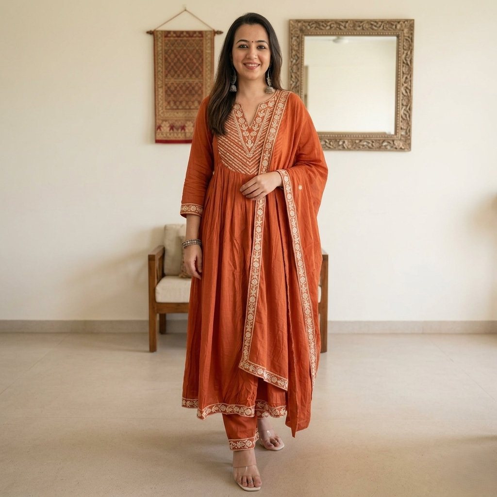 earthy rust orange embroidered 3 piece suit set