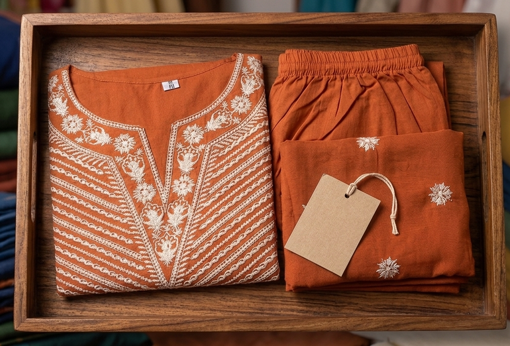 earthy rust orange embroidered 3 piece suit set