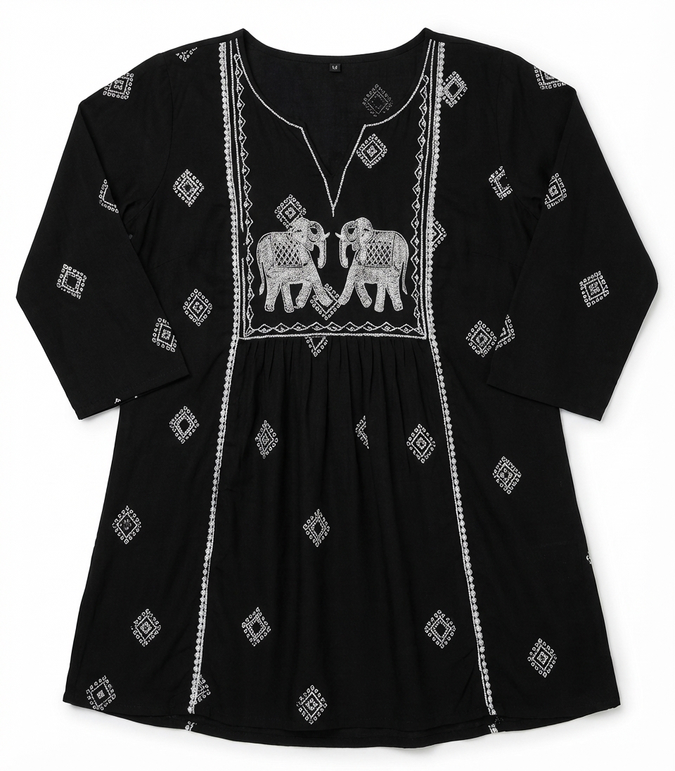 Elegant Black Cotton Embroidered Kurti