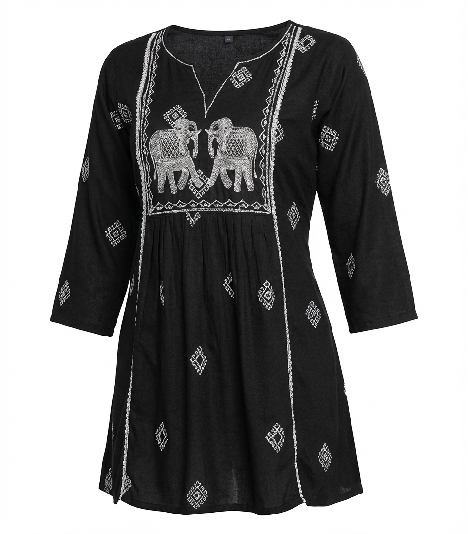 elegant black cotton embroidered kurti with elephant motif