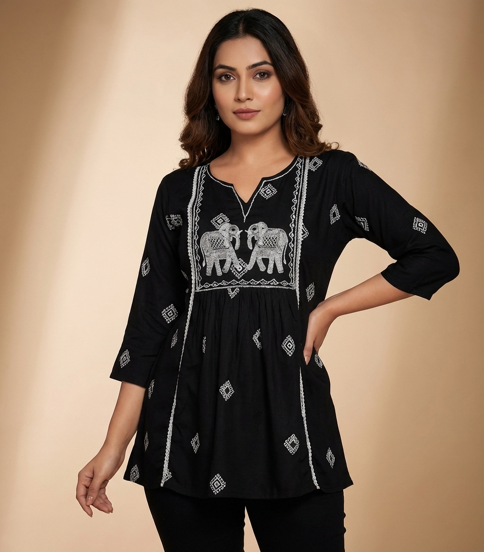 elegant black cotton embroidered kurti with elephant motif