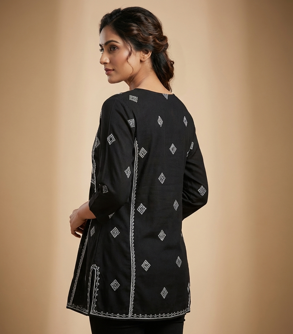 elegant black cotton embroidered kurti with elephant motif