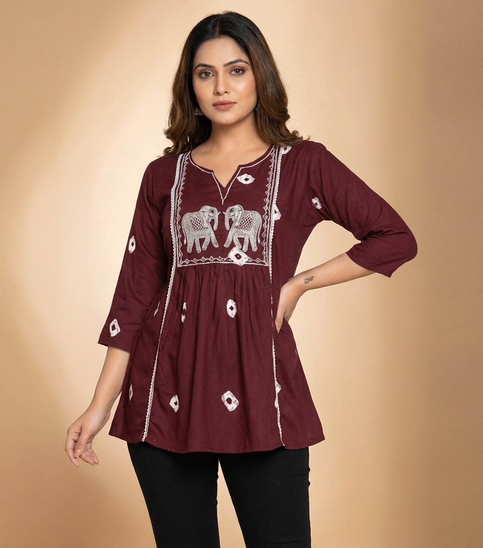 elegant elephant embroidery cotton kurti
