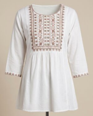 elegant ivory cotton embroidered short kurti