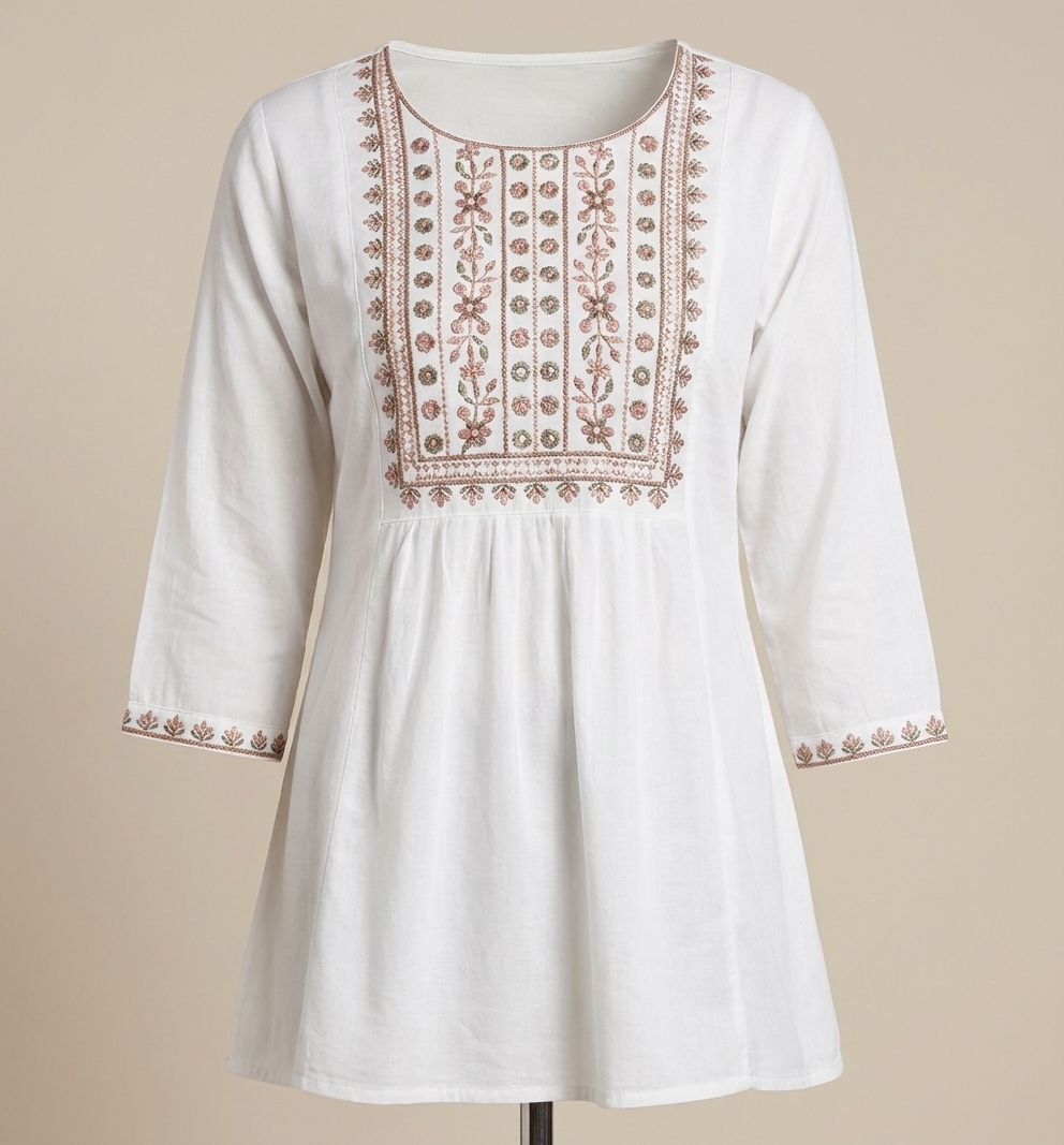 elegant ivory cotton embroidered short kurti