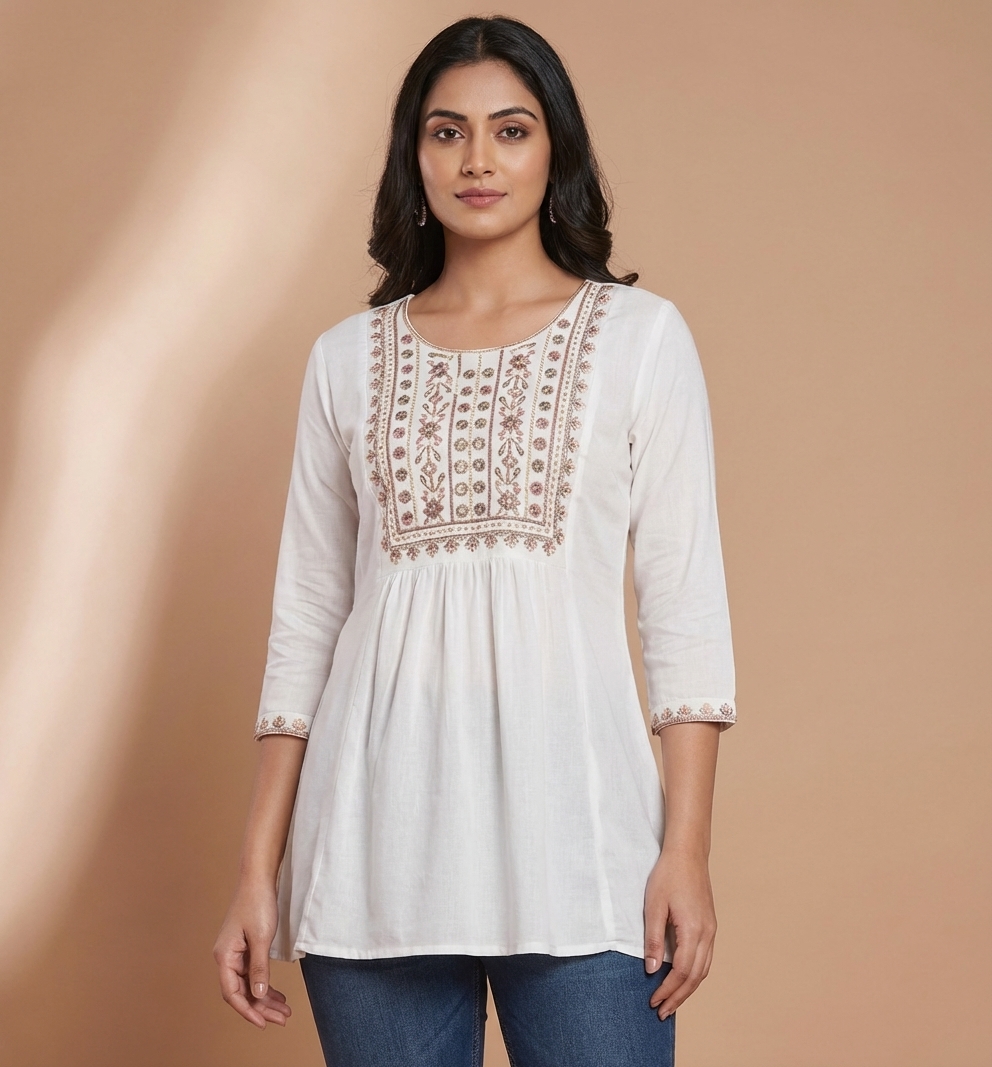 elegant ivory cotton embroidered short kurti