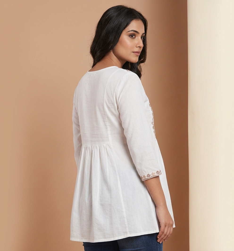 elegant ivory cotton embroidered short kurti