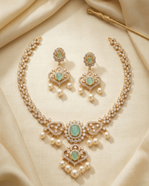 ethereal mint green stone and polki style diamond necklace set with pearl drops