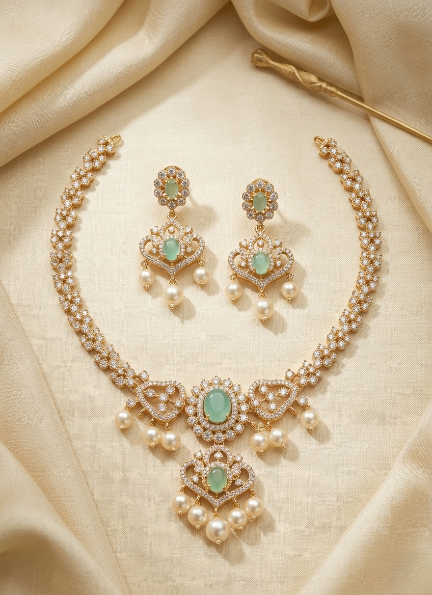 ethereal mint green stone and polki style diamond necklace set with pearl drops