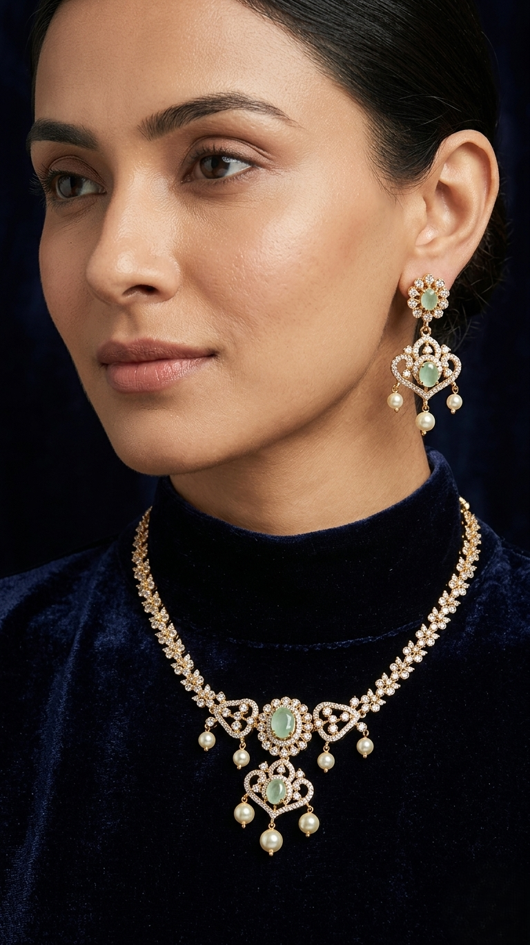 ethereal mint green stone and polki style diamond necklace set with pearl drops