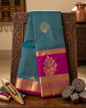 Teal Blue & Magenta Pink Handloom Dharmavaram Semi Pattu Sarees