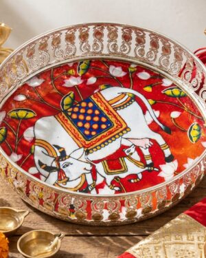 exquisite german silver meenakari cow motif tray