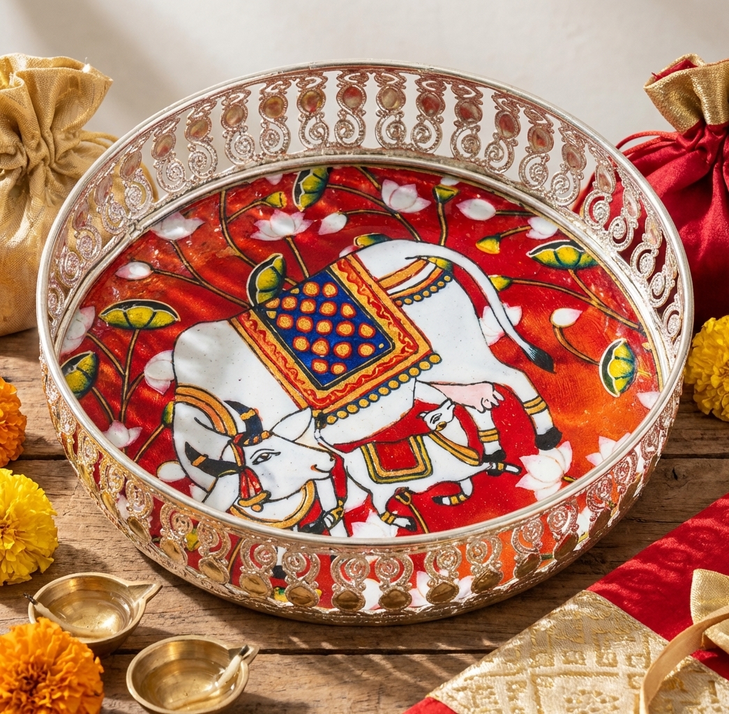 exquisite german silver meenakari cow motif tray