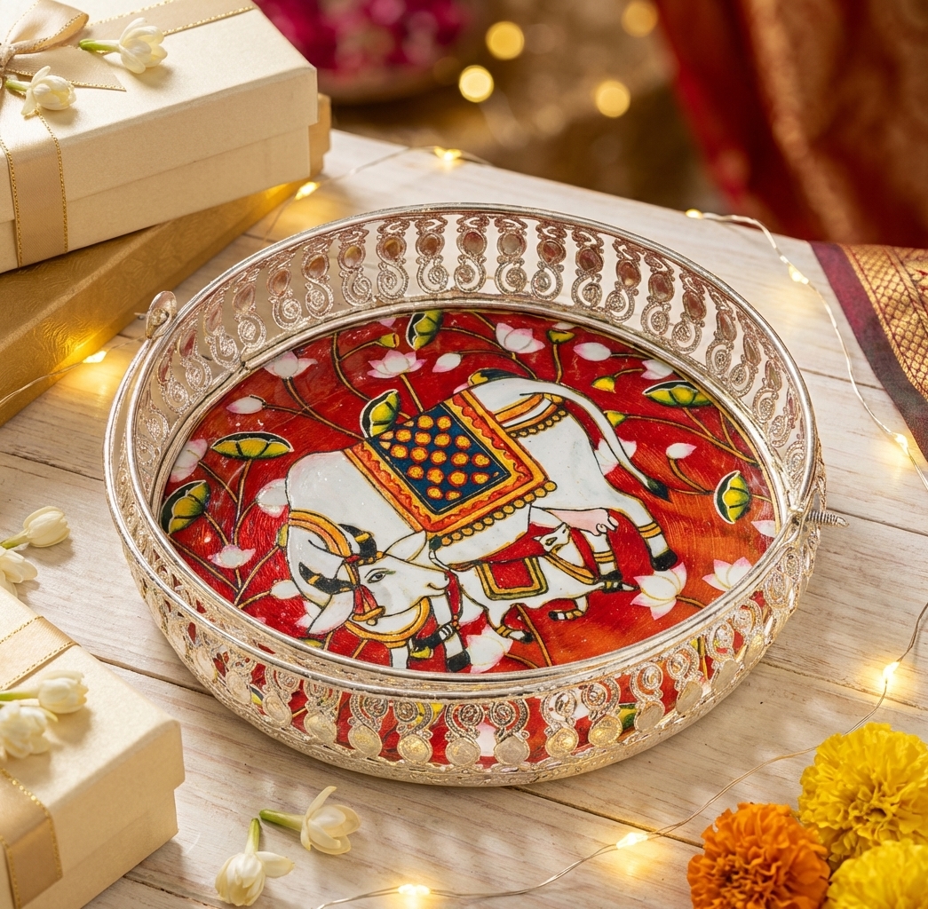 exquisite german silver meenakari cow motif tray