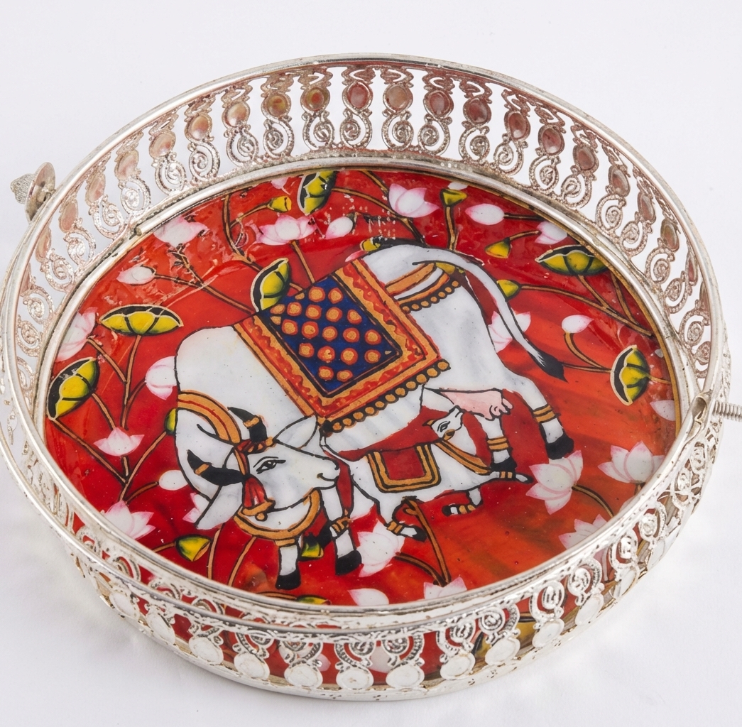exquisite german silver meenakari cow motif tray