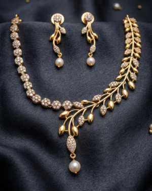 Exquisite Gold-Plated Leaf Motif Necklace Set with Sparkling Zirconia and Pearl Drops