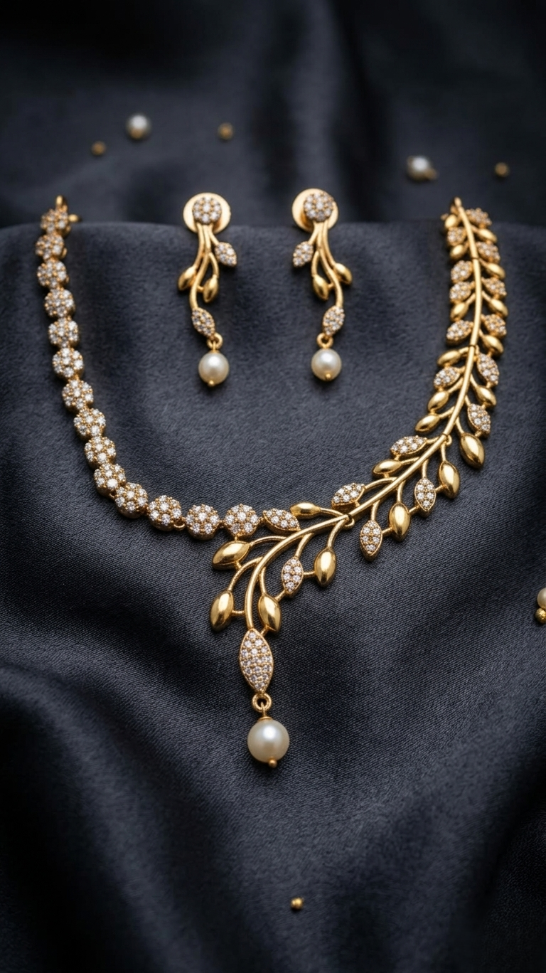Exquisite Gold-Plated Leaf Motif Necklace Set with Sparkling Zirconia and Pearl Drops