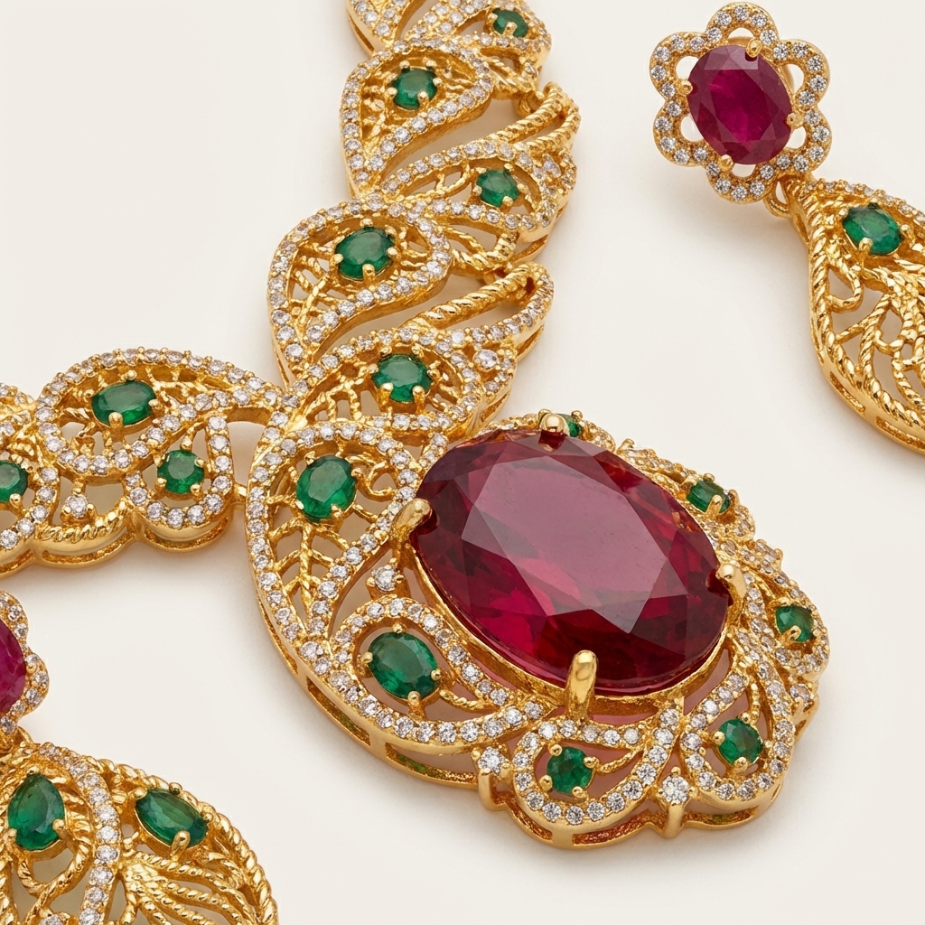 exquisite gold toned necklace set with ruby and emerald accents