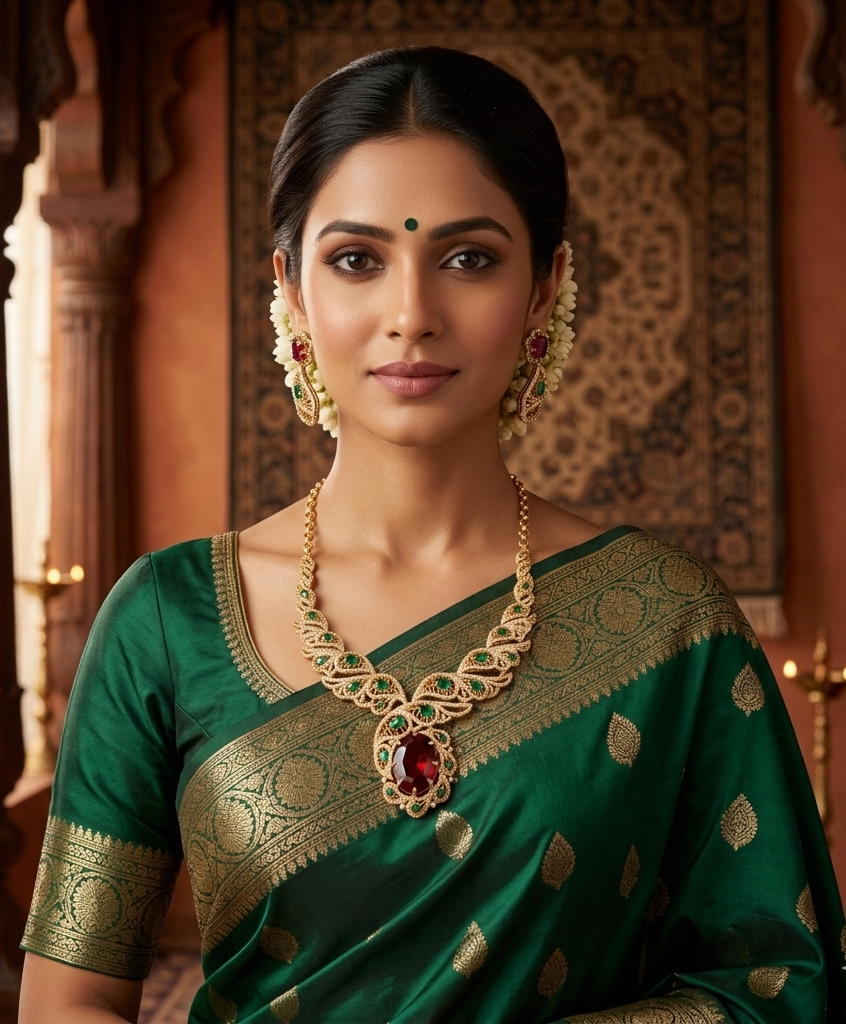 exquisite gold toned necklace set with ruby and emerald accents