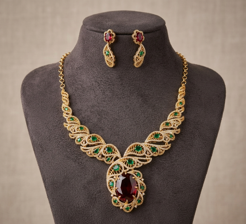 Gold-Toned Necklace Set with Ruby