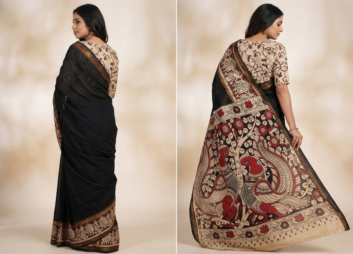 exquisite handwoven kalamkari saree with intricate peacock motifs