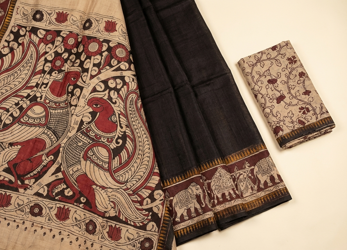 exquisite handwoven kalamkari saree with intricate peacock motifs
