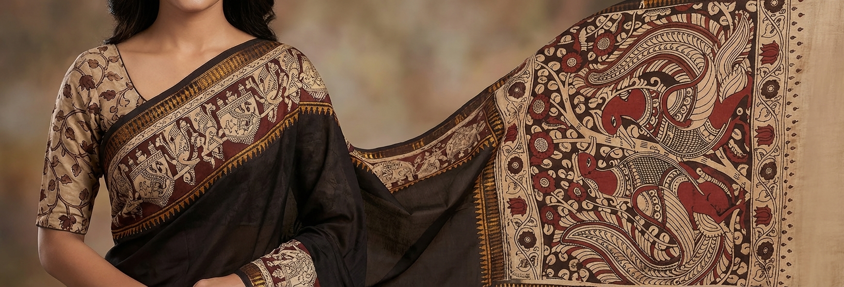 exquisite handwoven kalamkari saree with intricate peacock motifs