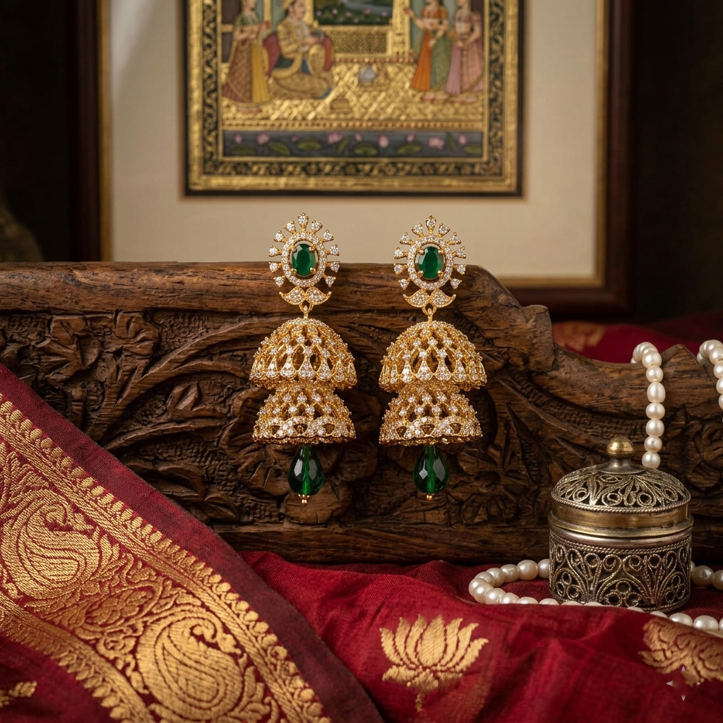 Jhumka Earrings with Emerald Accents