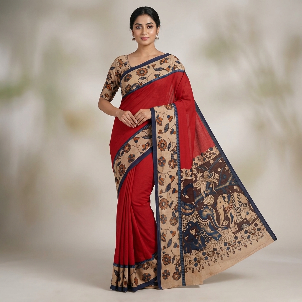 Kalamkari Saree with Vibrant Red
