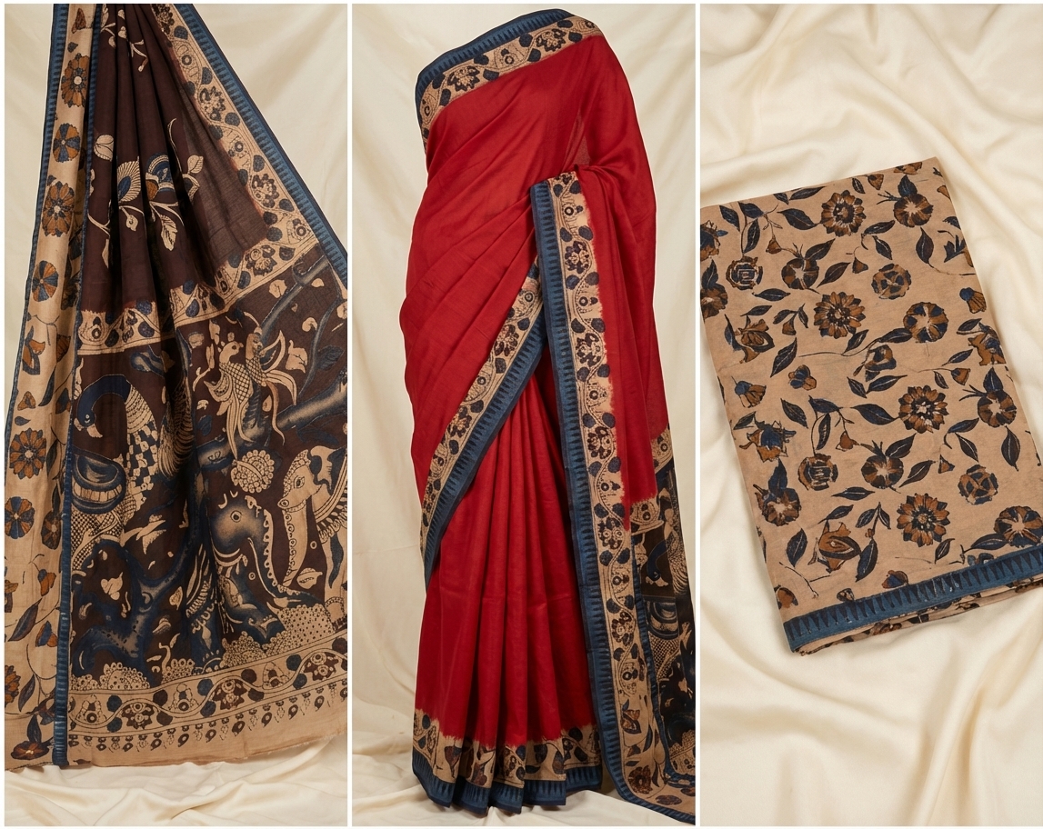 exquisite kalamkari saree with vibrant red and intricate peacock motifs