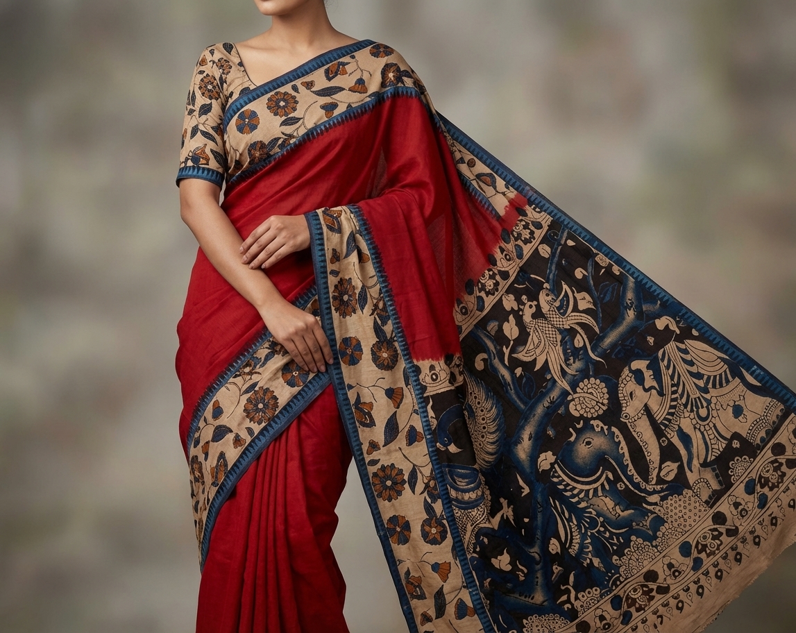 exquisite kalamkari saree with vibrant red and intricate peacock motifs