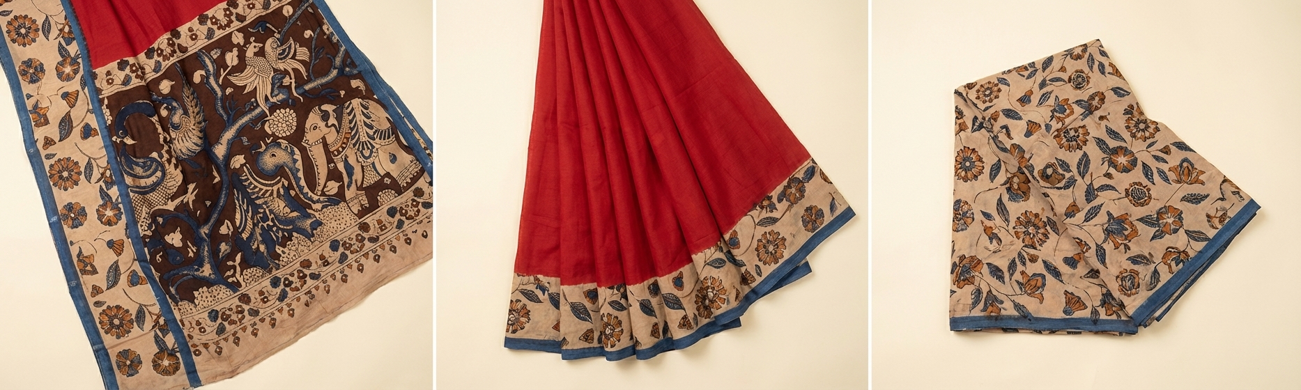 exquisite kalamkari saree with vibrant red and intricate peacock motifs