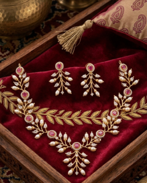 Ruby and Pearl Gilded Floral Necklace Set