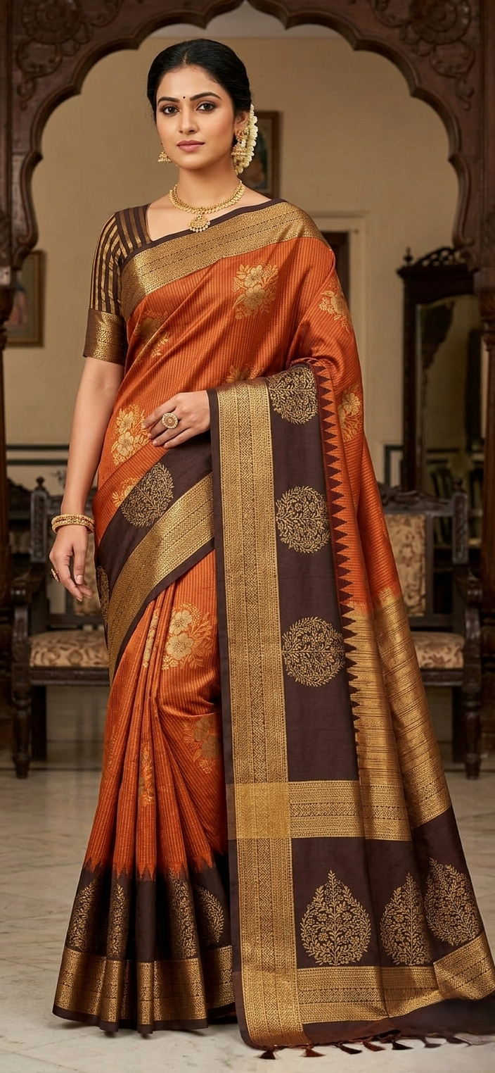 exquisite rust orange & chocolate brown silk saree with traditional tree of life pallu