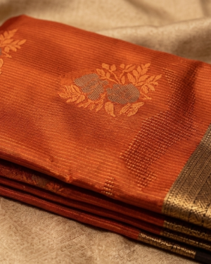 Exquisite rust orange & chocolate brown silk saree with traditional tree of life pallu