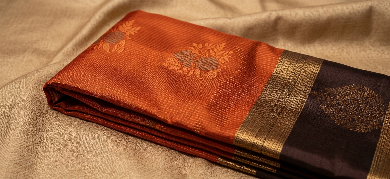 Exquisite rust orange & chocolate brown silk saree with traditional tree of life pallu
