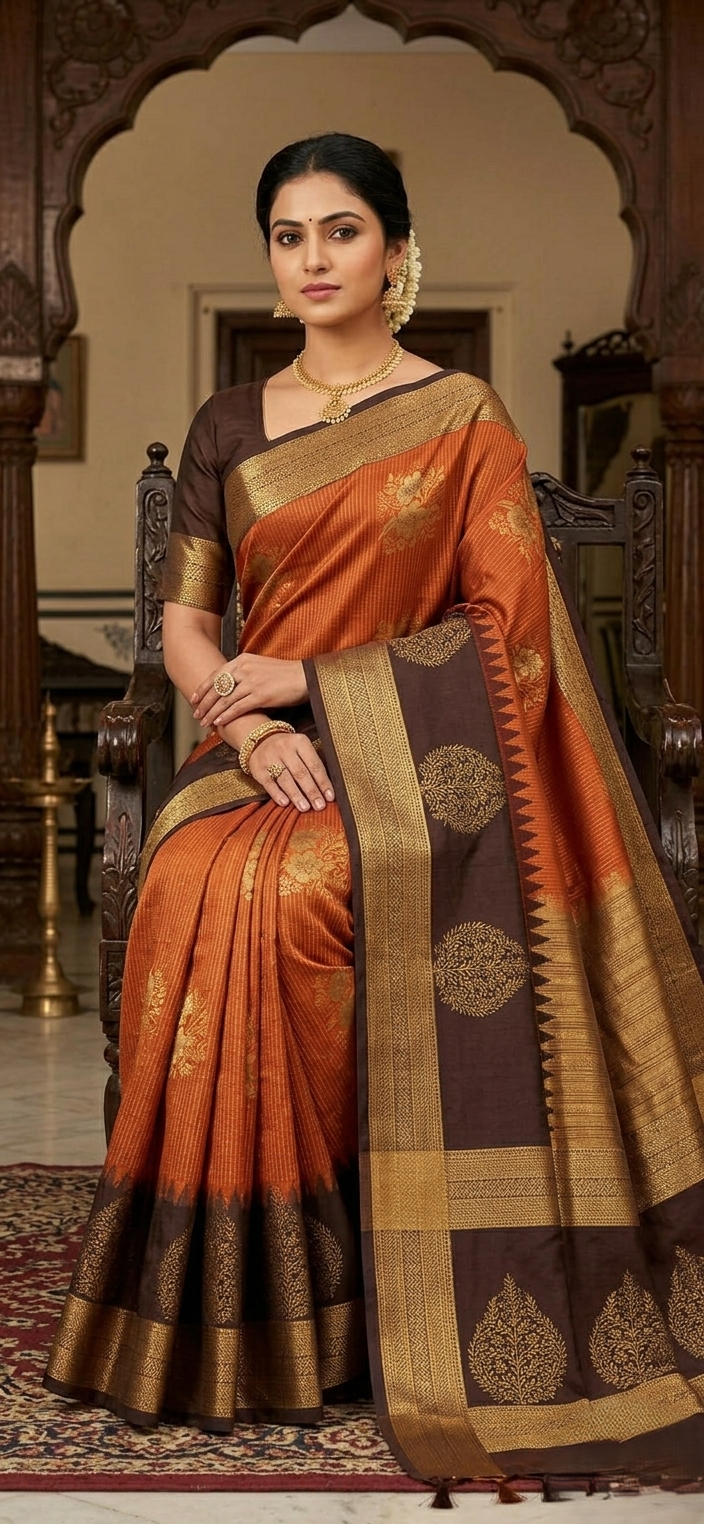 exquisite rust orange & chocolate brown silk saree with traditional tree of life pallu