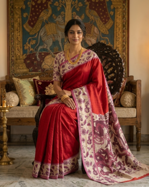 crimson & cream hand block printed chanderi silk saree with traditional kalamkari motifs