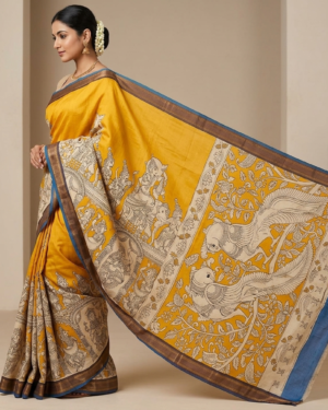 hand painted pen kalamkari mustard yellow saree