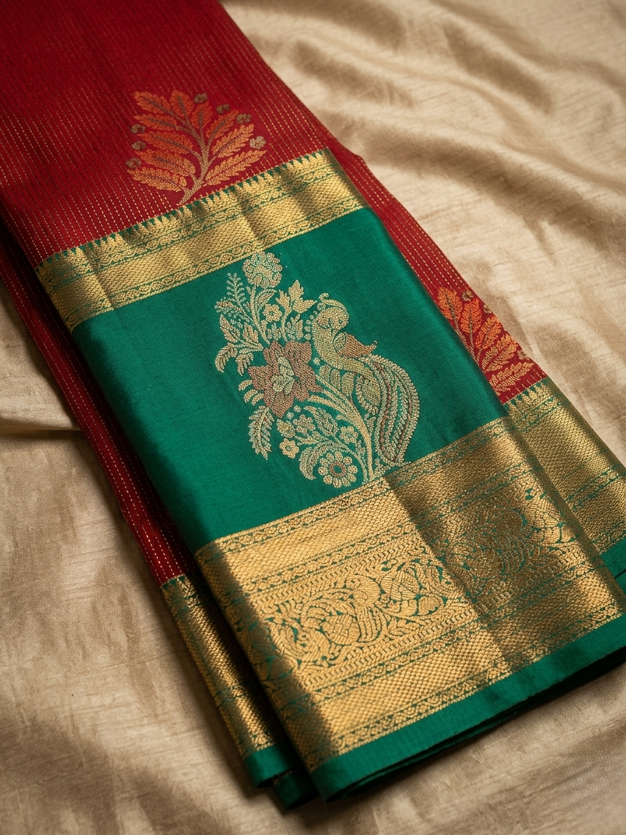 Handloom Dharmavaram Thane semi Silk Saree with Gap-Border and Floral Zari Work